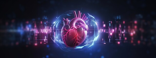 A digital heart with holographic graphs and charts overlaying it, representing the data collection process for AI-based patient care.