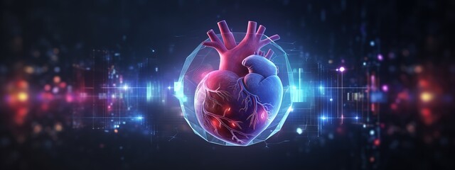A digital heart with holographic graphs and charts overlaying it, representing the data collection process for AI-based patient care.