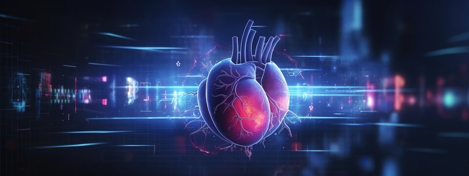 A digital heart with holographic graphs and charts overlaying it, representing the data collection process for AI-based patient care. 
