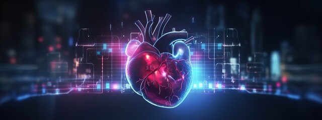 A digital heart with holographic graphs and charts overlaying it, representing the data collection process for AI-based patient care.