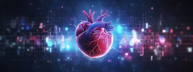 A digital heart with holographic graphs and charts overlaying it, representing the data collection process for AI-based patient care.