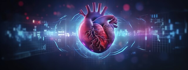 A digital heart with holographic graphs and charts overlaying it, representing the data collection process for AI-based patient care.