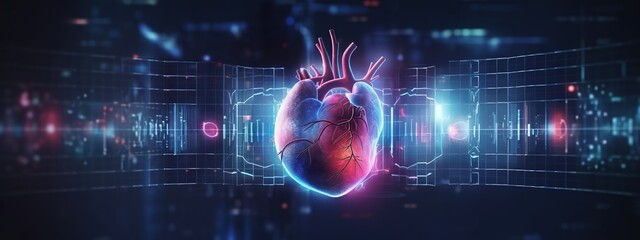 A digital heart with holographic graphs and charts overlaying it, representing the data collection process for AI-based patient care.