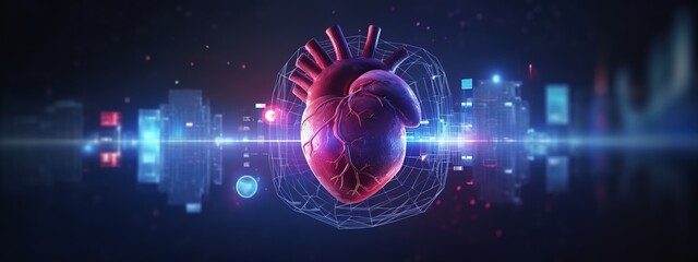 A digital heart with holographic graphs and charts overlaying it, representing the data collection process for AI-based patient care. 
