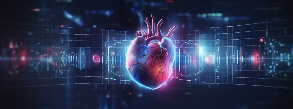 A digital heart with holographic graphs and charts overlaying it, representing the data collection process for AI-based patient care. 
