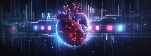 A digital heart with holographic graphs and charts overlaying it, representing the data collection process for AI-based patient care.