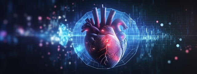 A digital heart with holographic graphs and charts overlaying it, representing the data collection process for AI-based patient care.