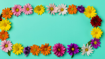 Abstract landscape oriented blank frame encircled by a diverse mix of colorful flowers on a teal background art illustration design