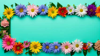 Obraz premium Abstract landscape oriented blank frame encircled by a diverse mix of colorful flowers on a teal background art illustration design