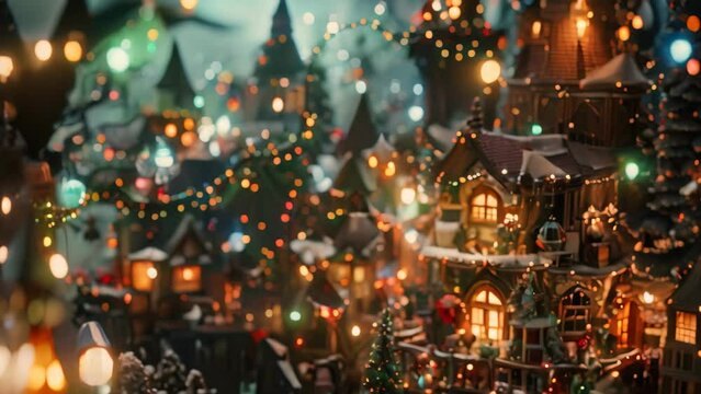 A festive Christmas tree lit up with lights, set against a backdrop of a house in the background, A whimsical depiction of Santa's workshop adorned with sparkling Christmas lights