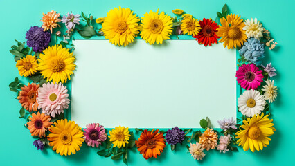 Obraz premium Abstract landscape oriented blank frame encircled by a diverse mix of colorful flowers on a teal background art illustration design