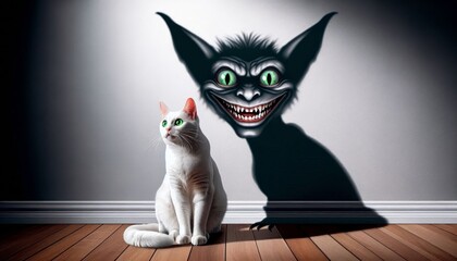 Cat with a demon shadow on wall - A white cat sits on a wooden floor, casting a large demon shadow against a grey wall