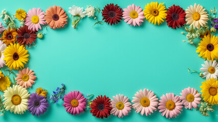 Abstract landscape oriented blank frame encircled by a diverse mix of colorful flowers on a teal background art illustration design