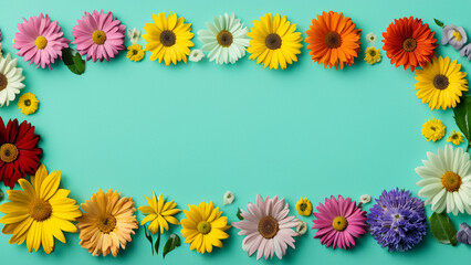 Fototapeta premium Abstract landscape oriented blank frame encircled by a diverse mix of colorful flowers on a teal background art illustration design