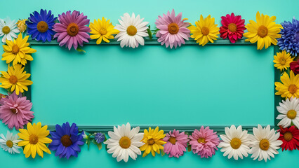 Fototapeta premium Abstract landscape oriented blank frame encircled by a diverse mix of colorful flowers on a teal background art illustration design