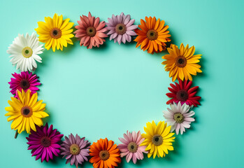 Abstract landscape oriented blank frame encircled by a diverse mix of colorful flowers on a teal background art illustration design