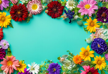 Obraz premium Abstract landscape oriented blank frame encircled by a diverse mix of colorful flowers on a teal background art illustration design