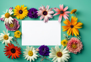 Obraz premium Abstract landscape oriented blank frame encircled by a diverse mix of colorful flowers on a teal background art illustration design