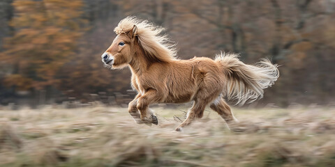 Obraz premium Shetland pony moves quickly across the field