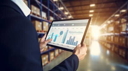 Smart Inventory management system concept .Manager using digital tablet,showing warehouse software management dashboard