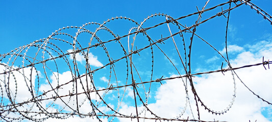 Steel barbwire seamless pattern fence. Border from old barbed metal barrier wire