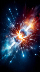 Fototapeta premium Nuclear fusion in abstract scientific illustration style, two hydrogen / helium / lithium atoms on collision course, merging together at center with brilliant burst of energy radiating outward.