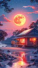 Fototapeta premium Cozy cabin illuminated by a glowing full moon reflecting on a serene lake, perfect for peaceful retreat themes.