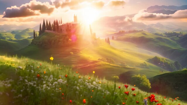 A castle perched on a hill in a scenic landscape setting, A whimsical fairytale castle perched on a cliff overlooking a waterfall