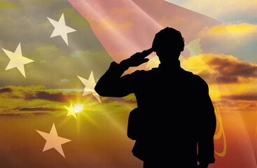 Silhouette of a soldier with a background of the Papua New Guinea flag and a sunset or sunrise....
