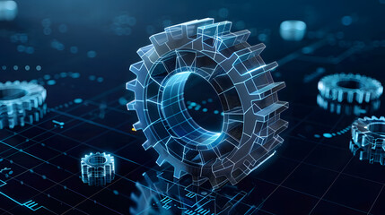 Vector wireframe illustration of a gear on a dark blue background. Mechanical technology machine engineering symbol. Project development, engine work, business plan illustration.