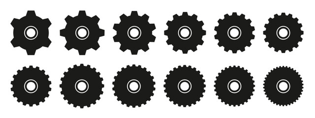 Flat stencil gears. Cogwheel settings icon, mechanical gear wheel, work in progress or construction vector icons set.