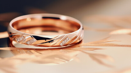 rose gold-colored ring with small diamonds, copyspace