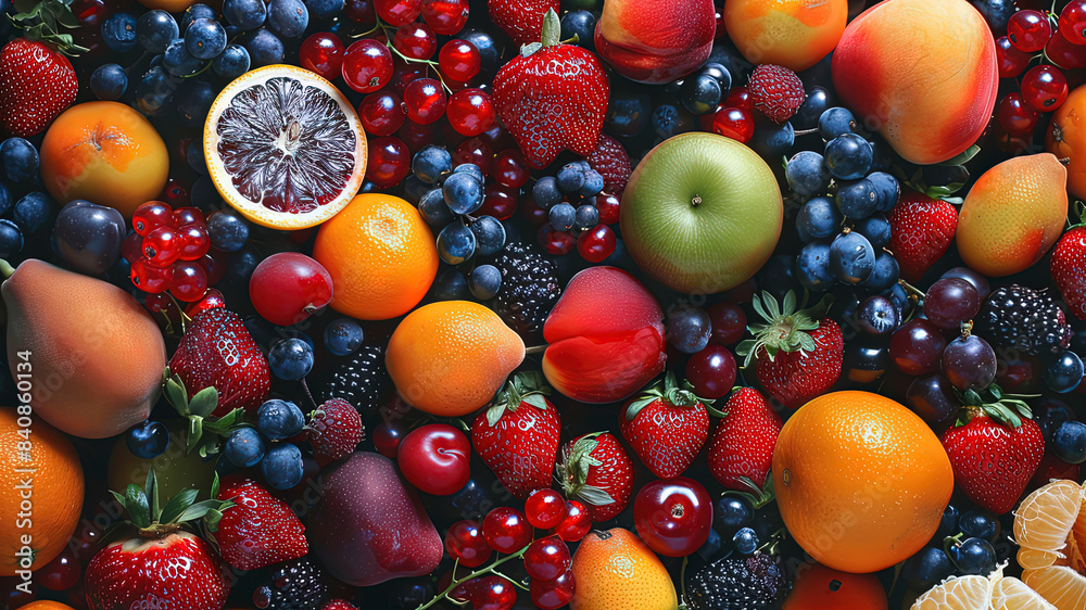Wall mural summer fruits on background, delicious fruits on colored background, background of summer fruits, fr - Wall murals