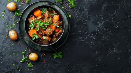 A top-down shot of a bowl filled with elk stew, showcasing tender elk meat, carrots, potatoes, and...