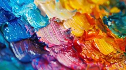 A close-up shot of a vibrant oil paint palette, showcasing a variety of colors blending together in...