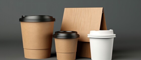 Blank disposable food and beverages paper containers mockup. Food and beverages paper containers set on a background with copy space. Eco-friendly food take away container. Food eco  packaging.