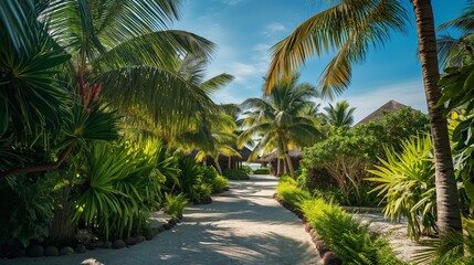 Obraz premium Serene tropical resort pathway lined with lush palm trees and greenery under a bright blue sky.