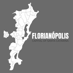 Florianópolis and all its neighborhoods on a simple and complete map. Capital of Santa Catarina, in southern Brazil, in detail, constructed from official cartographic data.