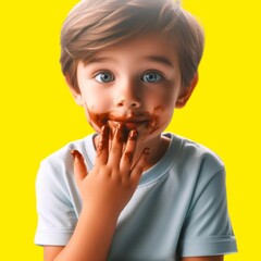 Child with face and hands covered in chocolate. Childish mischief. Solid and bright yellow background