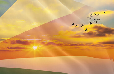 Waving the flag of Seychelles against the background of a sunset or sunrise. Seychelles flag for Independence Day. The symbol of the state on wavy fabric.