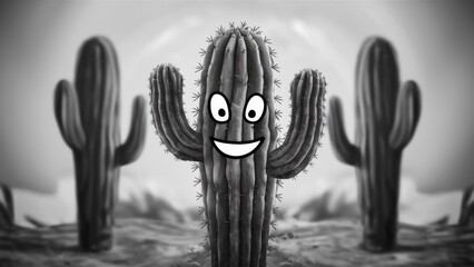 A cactus with a face drawn on it and two other plants, AI