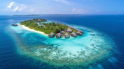 Fototapeta premium Luxurious tropical island resort with overwater bungalows, surrounded by turquoise waters and coral reefs.