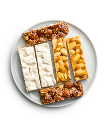 Close Up of almond Brittle Bars With Caramelized Coating isolated on white background.