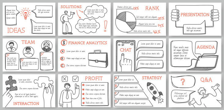 Hand drawn business presentation templates. Report slides with doodle style frames, character illustrations and infographics. Vector set.