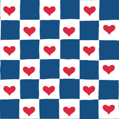 Seamless vector repeating pattern with hand drawn checkerboard in navy and white and a perfect red heart half drop. Americana red, white and blue checkers with hearts. USA Independence Day, 4th of