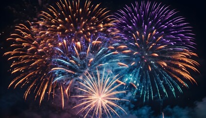  festive fireworks display. Show vibrant, colorful explosions lighting up the night sky, creating a magical and celebratory atmosphere