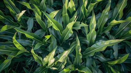 Fototapeta premium Top view of corn plants in field, green leaves, daylight