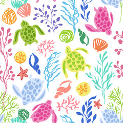 Coastal seamless vector repeat pattern with colorful sea turtles and algae seaweed on white background. Summer, swim, poolside, kids swimwear, beach backdrop in happy cheerful colors