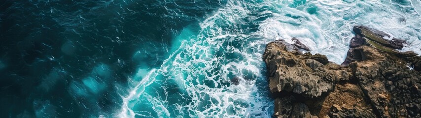 Fototapeta premium Beach and waves from top view. Turquoise water background from top view. Summer seascape from air. Top view. Travel concept and idea