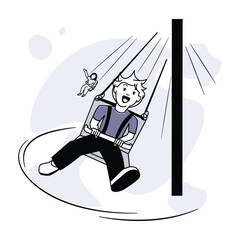 A cheerful boy rides on a carousel in an amusement park. Family leisure and entertainment vector illustration